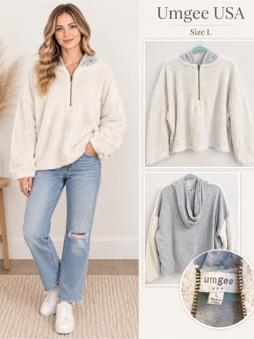 Umgee Cream Sherpa Half-Zip Hoodie with Gray Lining